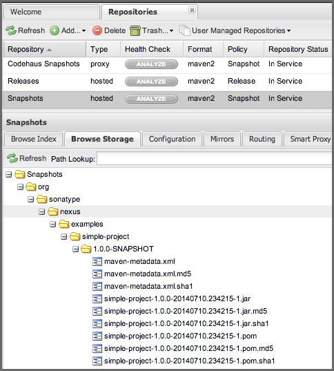 Repository Management with Nexus 388 / 420 5. To verify that the simple-project component was deployed to Nexus, click on Repositories and then select the Snapshots repository.