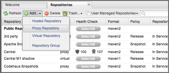 Repository Management with Nexus 61 / 420 You ll then want to create a new proxy repository. To do this, click on the Add link that is directly above the list of repositories.