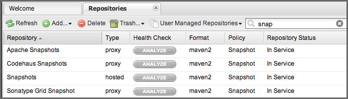 used in any column. Figure 5.3 shows an example use case where a user typed "snap" in the filter box and the list of repositories only shows snapshot repositories.