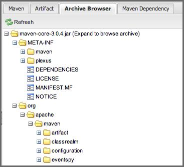 Repository Management with Nexus 80 / 420 Figure 5.10: Using the Archive Browser Important The archive browser is a feature of Nexus Professional. 5.7 Viewing the Artifact Dependencies Nexus Professional provides you with the ability to browse an artifact s dependencies.