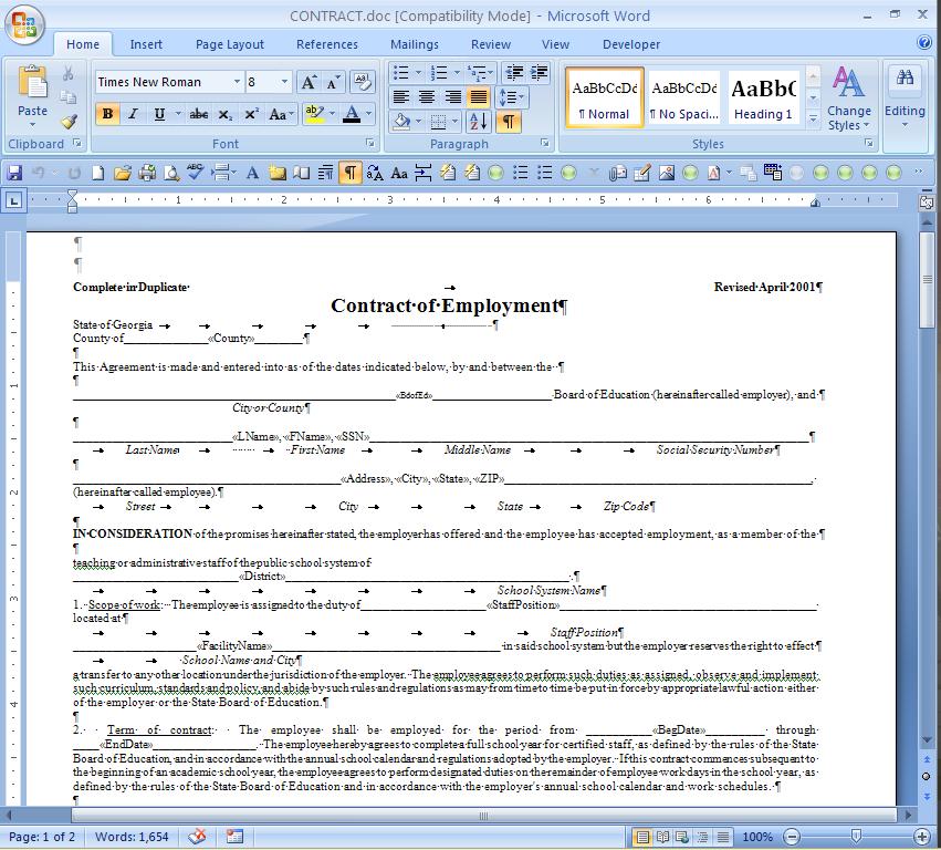 Procedure D: Microsoft Word Contract File Processing 1 Open the CONTRACT.doc file. The CONTRACT.doc file is located in K:\SECOND\PERDATA. The CONTRACT.doc file s field names, for example, <<County>>, <<District>>, <<BdofEd>>, <<FName>>, <<LName>>, etc.