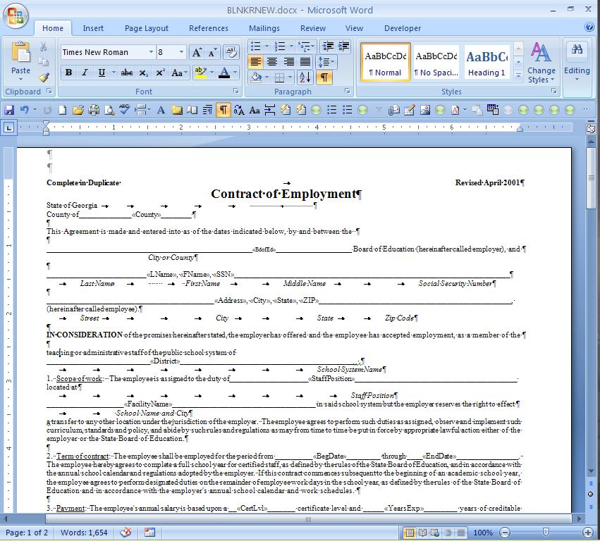 Procedure A: Printing Blank Copies of the Employee s Contract - OPTIONAL 1 Using Microsoft Word, open the BLNKNEW.
