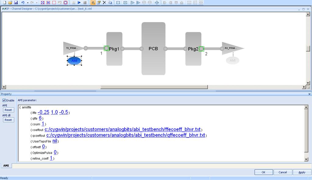 Test System: PCB=Xaui channel Rx= simple terminator Tx= behavioral Spice circuit + AMI for FFE amiffe