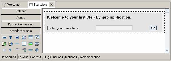 ... design header2 text Welcome to your first Web Dynpro application. colspan 3 4. In the Outline view, select the root element RootUIElementContainer and choose Insert Child from the context menu. 5.