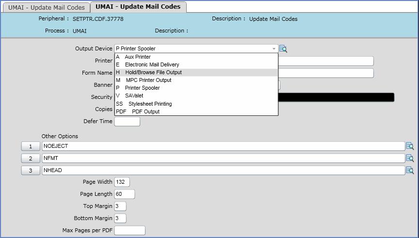 User Interface 4.3: Navigating UI 4.3 Step 2. In the Output Device field on the Peripheral Defaults form (see Figure 40), select Hold/Browse File Output.