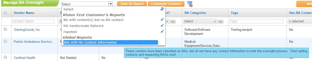 Global Reports Compliance Document Manager includes two Global Reports designed to assist you in screening vendors and