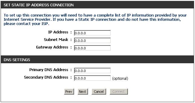 If you selected Static, enter your network settings supplied by your Internet provider. Click Next to continue.
