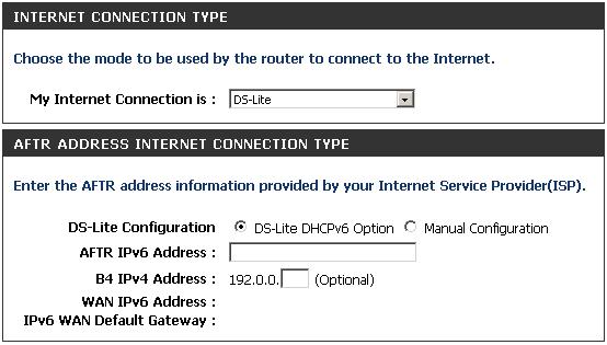 DS-Lite Another Internet Connection type is DS-Lite. DS-Lite is an IPv6 connection type.