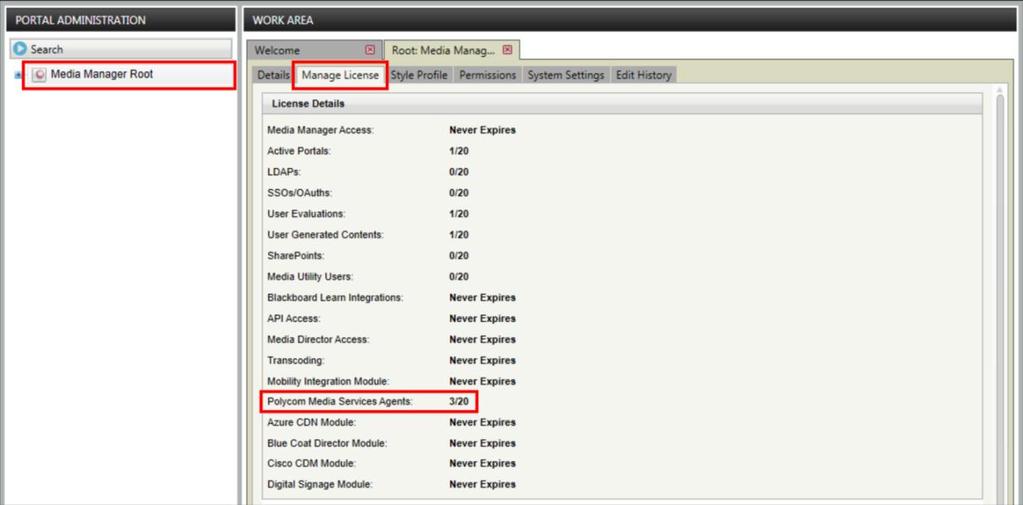 2 In the Manage License tab, find Polycom Media Services Agents in the list. The license column shows the number of licenses used out of the total available licenses.