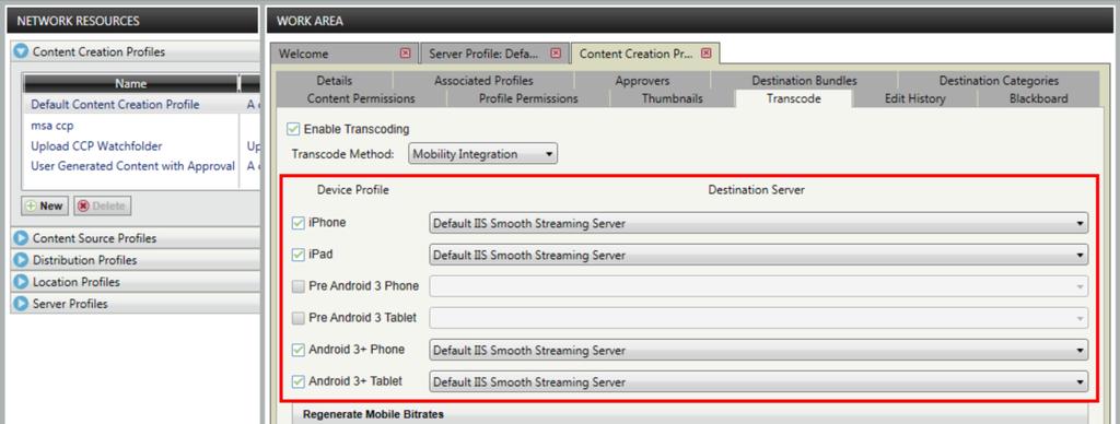 6 Select the Destination Server to define how the content is served after transcoding.