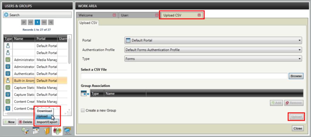 Importing a user in the Upload CSV tab 3 In the Select a CSV File section, click Browse to browse to the user CSV file you want to upload.