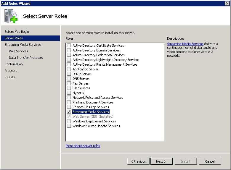To add and enable roles: 1 In the Windows Server Manager dialog, click Add Roles. 2 In the Add Roles wizard, click Server Roles, as shown next.