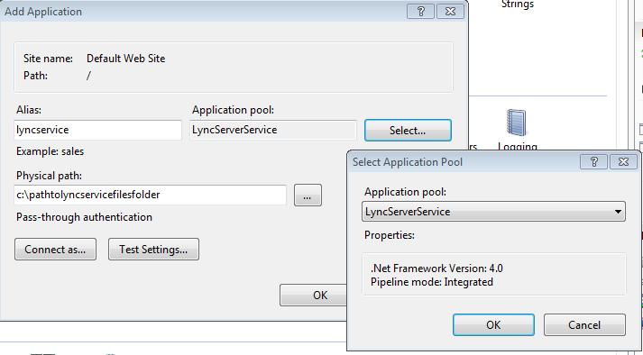 11 Create a new application in IIS to point to the Lync Server Service files provided by Polycom. In IIS Manager, right-click the Default Website and select Add Application.