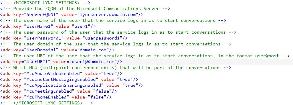 In the Admin Services web.config file, edit the Microsoft Lync settings to match the following example: 15 Restart the IIS service.