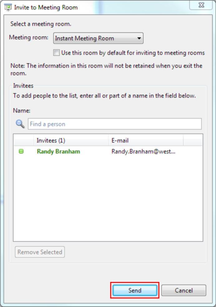 4 In the Invite to Meeting Room dialog, shown next, select a Meeting room from the list, add invitees in the Name field, and click Send.