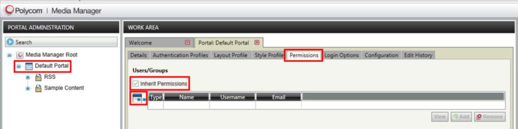 3 Click the Permissions tab. 4 In the Users/Groups section, shown next, select the Inherit Permissions check box to inherit portal permissions from the root node on the tree.