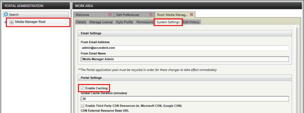 2 In the System Settings tab, shown next, select the Enable Caching check box in the Portal Settings section. 3 Click Save.