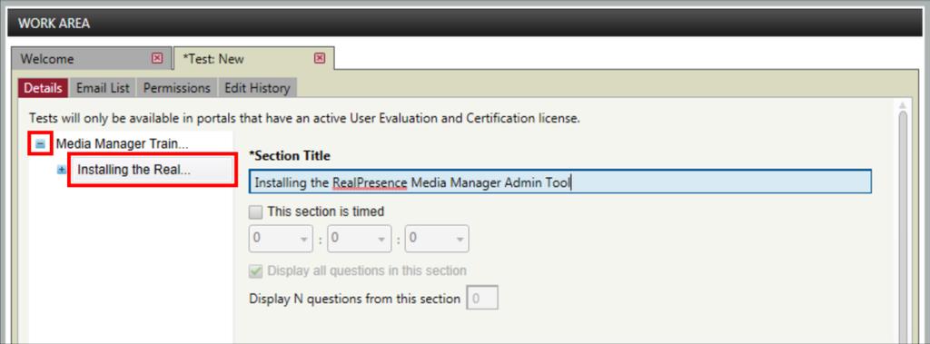 After you have saved your changes, the section title appears in the test tree on the left.