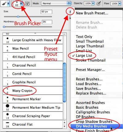 * Choose Large List, then open the Preset menu again and choose Dry Media Brushes. * Double click on the Waxy Crayon brush (see image below). Step 4: Color It * Zoom into the top of the bracket.