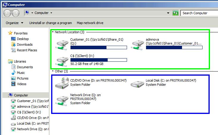 Accessing my resources with vdesk Using the Explorer link, or any program based file operations, the user will be able to access the project area (green square below) and his own device folders (blue