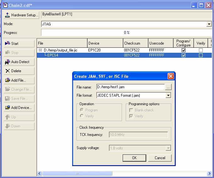 Using the Serial FlashLoader With the Quartus II Software 6. The Create JAM, SVF, or ISC File window displays. See Figure 13. Figure 13. Converting a JIC File to a Jam File in the Quartus II Software 7.