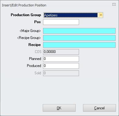 Select the Production Group from your schema. Enter a position number. If needed you can filter by major group or recipe group. Select recipe from list.