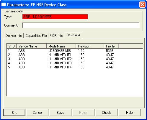 Revisions Tab Section 6 Parameter Settings Revisions Tab This tab contains the revisions of the virtual field devices (VFD Virtual Field Device) in the HSE device, see Figure 78.
