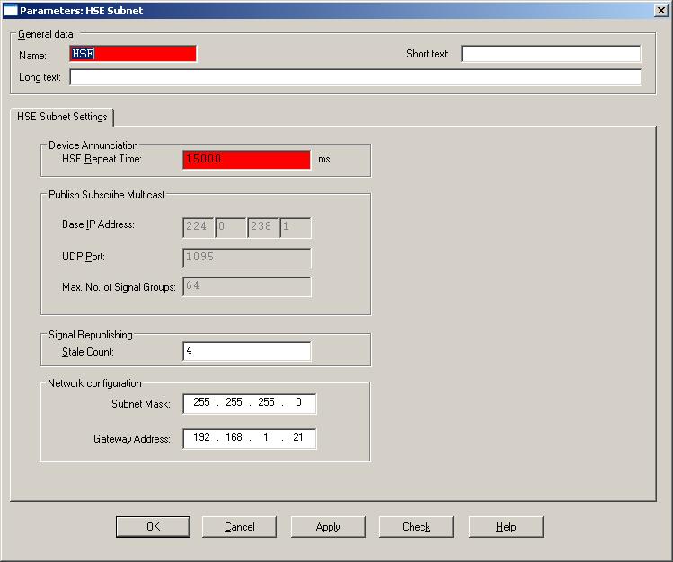 HSE Subnet Object Section 6 Parameter Settings HSE Subnet Object HSE Subnet Settings Tab The cycle time used to update the HSE Live List is set on this tab.