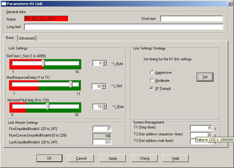 Section 6 Parameter Settings H1 Basic Tab A knowledge of the basics of FF network management and FF system management is a prerequisite for making changes to the default values, refer to the FF