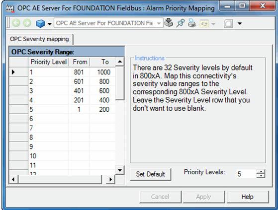 Section 6 Parameter Settings DD Menus For example: A device alert with an FF Severity as Medium will be sent via OPC Server FF with an OPC Severity of 600.
