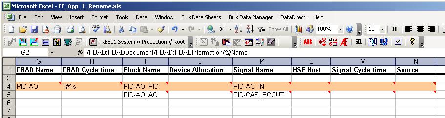 Drag an drop the FBAD object intended to be renamed and configured into the the BDM Excel sheet below the filter row. Figure 181.
