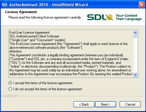 2 Installing SDL AuthorAssistant 2010 5 Accept the license agreement and click Next.