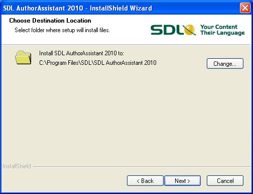 This page enables you to select the location for the SDL AuthorAssistant 2010