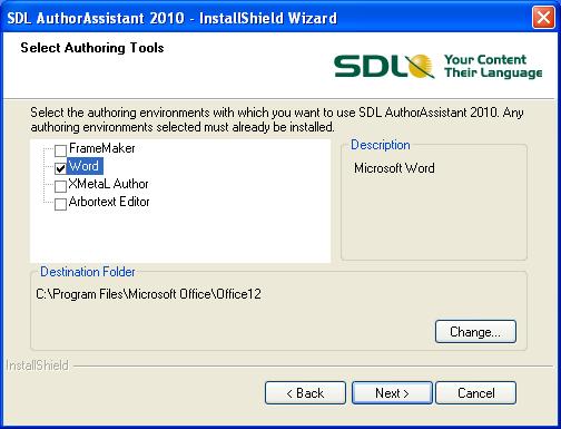 Installing SDL AuthorAssistant 2010 2 7 The Select Authoring Tools page is displayed.