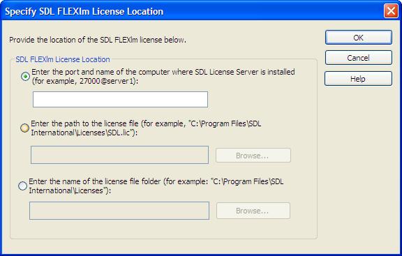 Installing SDL AuthorAssistant 2010 2 6 lick Add. The Specify FLEXlm License Location page is displayed.