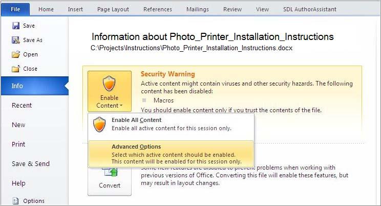 2 Installing SDL AuthorAssistant 2010 Installing SDL AuthorAssistant 2010 in Microsoft Word The first time you open Microsoft Word after installing SDL AuthorAssistant 2010, you will get a security