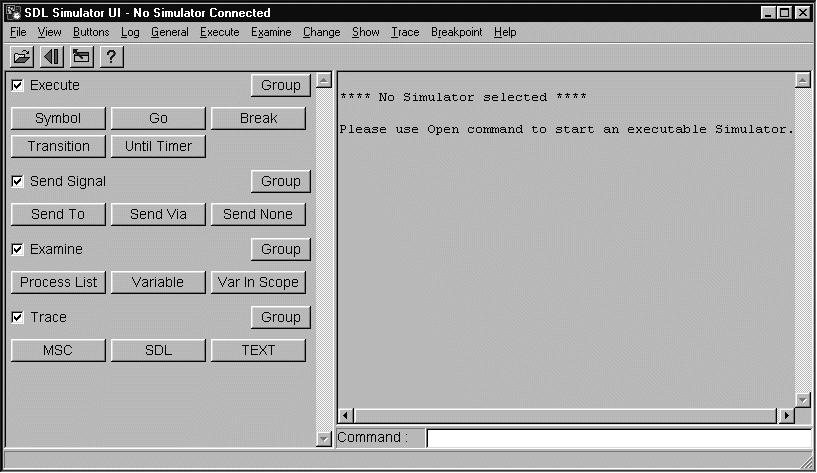 4 Tutorial: The SDL Simulator Figure 97: The main window of the Simulator UI (on Windows) The text area to the right informs you that no simulator is running.