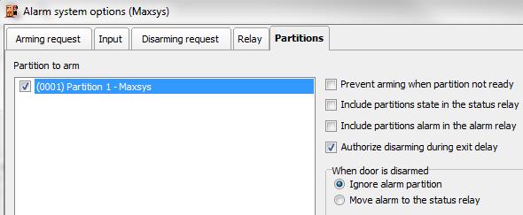v. Go to the Partitions tab and under the Partition to arm textbox select the partition associated to this door. vi.