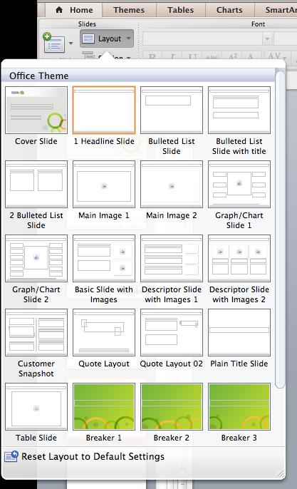Selecting new slide layouts This template includes formatting for various slide layouts. 1.
