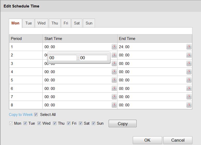 (1)Click Edit to edit the arming schedule. The Figure 6-34 shows the editing interface of the arming schedule. (2)Choose the day you want to set the arming schedule.