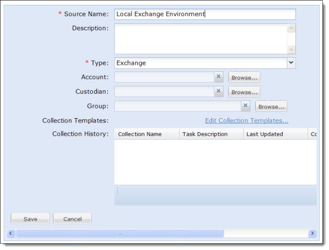 Setting up Data Sources: Local Domain Exchange Setup PAGE: 47 3. Enter a name for your Exchange source. Use the Admin Account you set up in 1a: Set up Exchange Local Account Permissions on page 43.