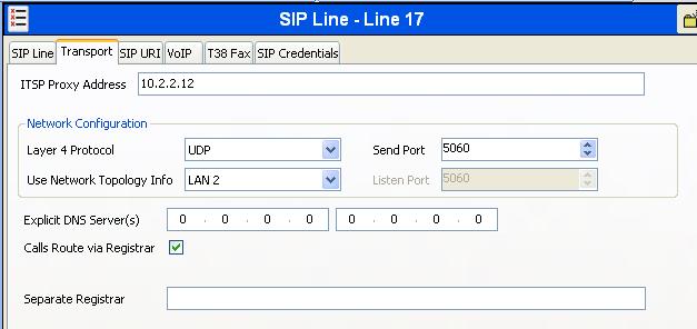 Navigate to the Transport tab and set the following: Set the ITSP Proxy Address to the IP address of the MTS Allstream SIP Proxy provided by MTS Allstream.