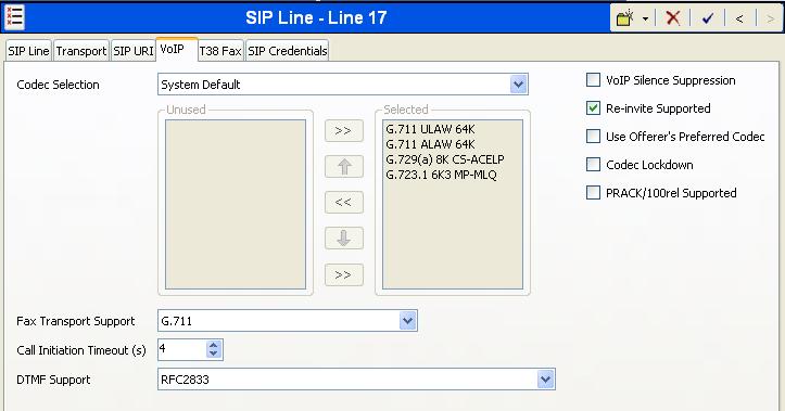 Select the VoIP tab, to set the Voice over Internet Protocol parameters of the SIP line. Set the parameters as shown below. Set the Codec Selection to System Default.