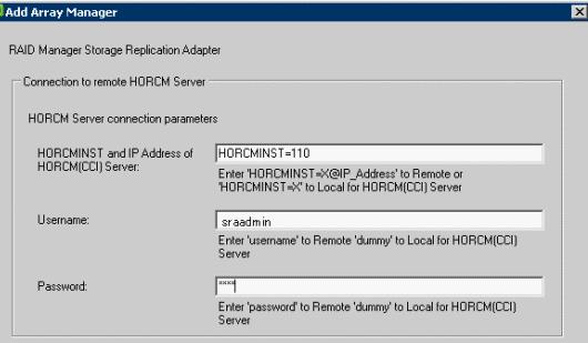 In the Connection To Horcm Server window for Site A, for HORCMINST and IP Address of HORCM(CCI) Server, enter one of the following: If CCI and the