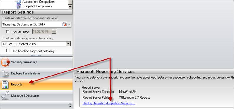 3. In the SQL Secure console, select the reports tab on the left and side of the screen