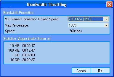 Choosing 100% (the default setting) effectively disables bandwidth throttling (Maximum will be displayed on the Preferences window).