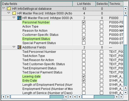 7. Expand the data fields and adjust the field selection for the query so that the following fields are selected when you execute the query.