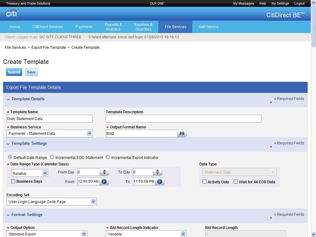 9. The Template Settings section will differ depending on the Business Service and Output Format selected above.