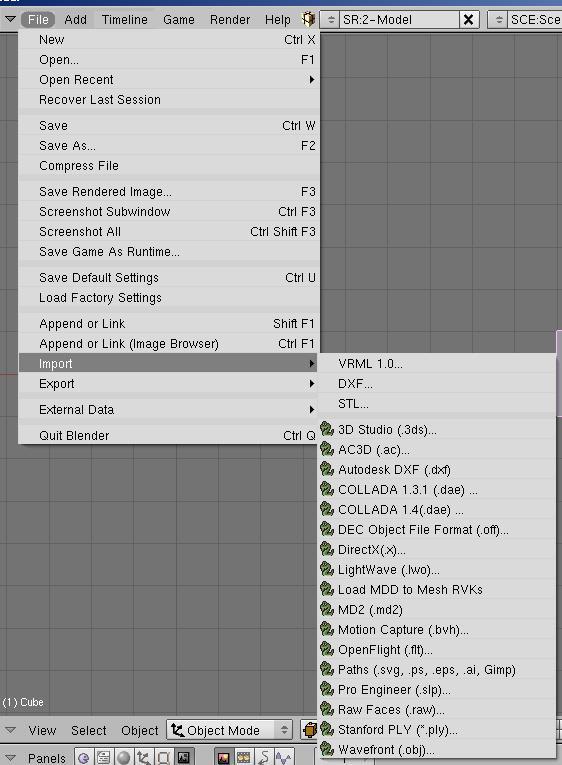 Chapter 1- The Blender Interface Importing Objects One of Blender s strong points is the program s ability to accept several generic types of 3D files from other programs.