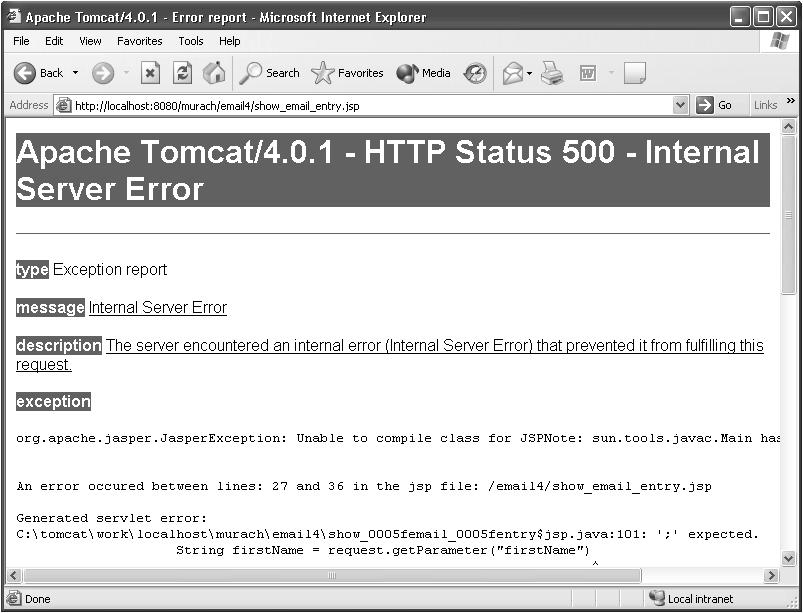 Chapter 4 How to develop JavaServer Pages 133 An error page for a common JSP error Common JSP errors HTTP Status 404 File Not Found Error HTTP Status 500 Internal Server Error Tips for debugging JSP